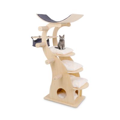 China Sustainable Multi-level Platform Wooden Cat Scratching Tree Natural Cat Tree With Hammock luxury cat tower for sale