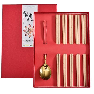 China Sustainable Stainless steel cutlery wooden chopstick with spoon tableware gift box quality chopsticks and spoon gift set for sale