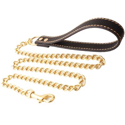 China Sustainable Durable Leather Handle Stainless Steel Chew Proof Pet Leash Chain for sale