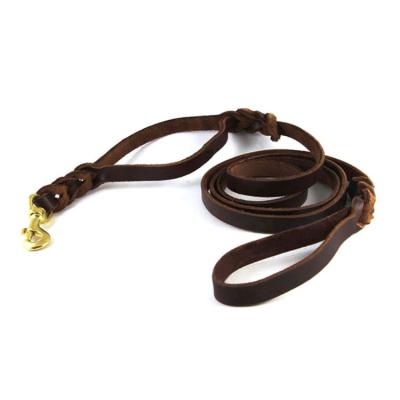 China Sustainable Rottweiler Labrador Braided Genuine Leather Two Handle Dog Leash for sale