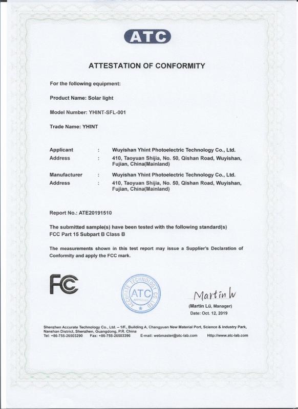 FCC - Wuyishan Yhint Photoelectric Technology Co., Ltd.