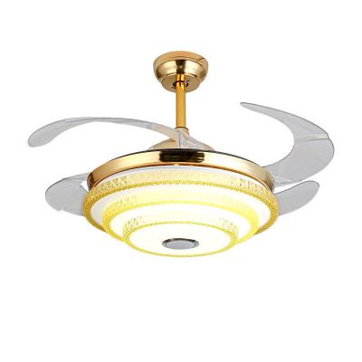 China Modern retractable crystal chandelier fan with invisible blades 42 inch led ceiling fans with led light with remote and bluetooth for sale