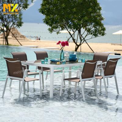 China Modern luxury powder coated aluminum frame sunproof outdoor garden dining table and chair set for sale