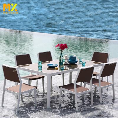 China Modern Simple Outdoor Furniture Weather Resistant Durable UV Resistant Dining Table and Chair Aluminum Frame Outdoor Garden Table Set for Yard and Villa for sale