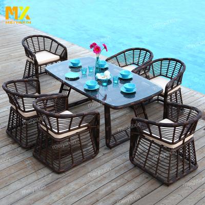 China Sale Time Furniture Mid Century Furniture Outdoor Vintage 6 Seater Outdoor Dustproof Wicker Rattan Dining Table Sets For Villa And Hotel for sale