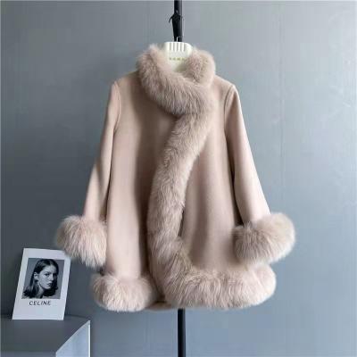 China New Design Cashmere Woolen Winter Coat Breathable Women Warm Fashion Wool Fox Fur Trim Cape for sale