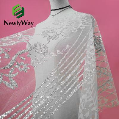 China Wholesale Luxury Bridal Shrink-Resistant White Crystal Metallic Sequins Heavy Beaded Lace Tulle Fabric For Wedding for sale