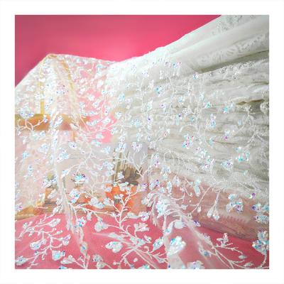 China Hot Sale Luxury Colorful 3D Sequin Mesh Tulle Lace Fabric For Shrink-Resistant Wedding Sequins Dress for sale