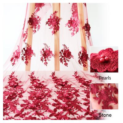 China 2022 3D NewlyWay Factory Outlet Embroidery With 3D Beads Flower Applique Voile Net Lace Fabric For Making Dress for sale