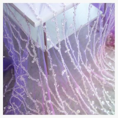 China Breathable Crystal Sequins Bridal Luxury Embroidery pearl gradient colors wedding Tulle fabric for evening dress for sale