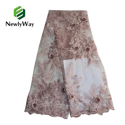 China Best Selling Nigeria Handmade Liscio Lace Fabric With Beads / Beads Tulle Embroidery Fabric For Wedding Dress for sale