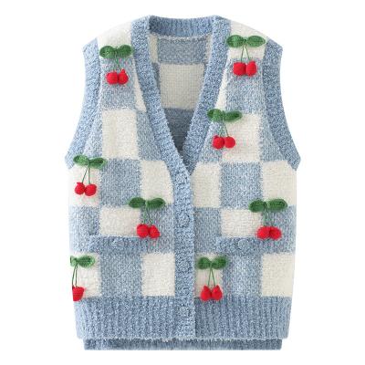 China Anti-wrinkle OEM boys and girls sweater design inter-color cherry V-neck knitted vest jacket embroidered blue vest for sale