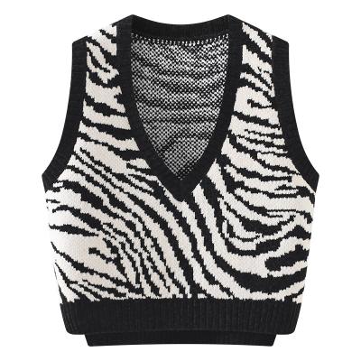 China Anti-Wrinkle Zebra Pattern Sweater Vest Ladies College Style V-neck Casual Sleeveless Knitted Sweater Autumn for sale