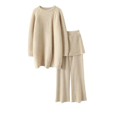 China Anti-wrinkle fashion ladies around the neck sweater knitted skirt set irregular pants skirt new ladies woolen skirt two-piece set for sale