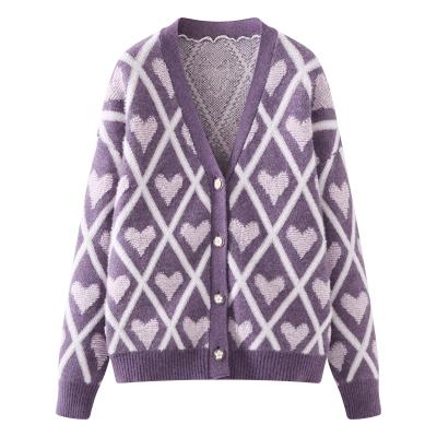 China Purple Anti-wrinkle Women's Oversized Hand Knitted Cardigan Love Thicken Cardigans Sweater Coat for sale