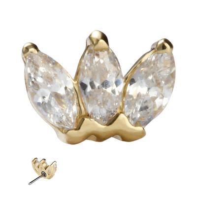 China CLASSIC Solid 14K Yellow Gold Threadless Trio Marquis CZ Top End Labret Lip Body Jewelry Wholesales for sale