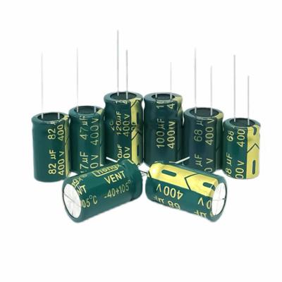 China 400V10uf 10*12mm 10*13mm 10*17 105% standard new high frequency long life electrolytic capacitor DIP-2 400V 10UF for sale