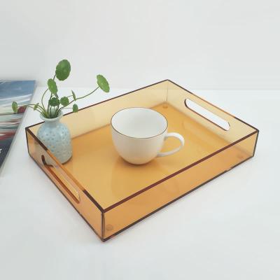 China Transparent Yellow Acrylic Lucite Serving Tray With Handle For Hotel Restaurant Home for sale