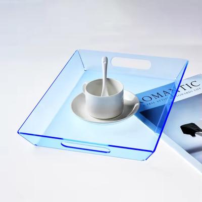 China Custom Blue Acrylic Serving Tray Lucite Fruit Tray Modern Style Polished Rectangular for sale