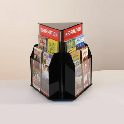 China Home Eco-friendly Black PMMA Plexiglass Menu Flyer Magazine Display Stand Acrylic 3 Sides Rotating Brochure Holder for sale