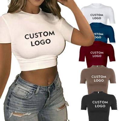 China HG66 Anti-Wrinkle Custom Sexy Basic Short Tees Womens Club Logo Crop Top White Women Shirts 2021 Short Sleeve Crop Tops for sale