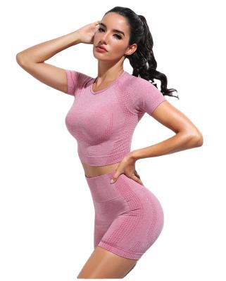 China Wholesale Antibacterial Women's Sports Running Yoga Training Workout Wear Tops Short Yoga Shorts Sleeves And Leggings Seamless Yoga Set for sale