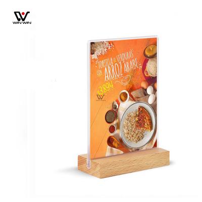 China A4 a5 a6 environment friendly acrylic wooden restaurant table poster menu stand table display stand for sale