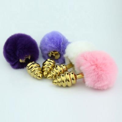 China Real touch feeling with different posture small size metal alloy gold butt plug with tail soft bondage rabbit anal toys for male and female for sale