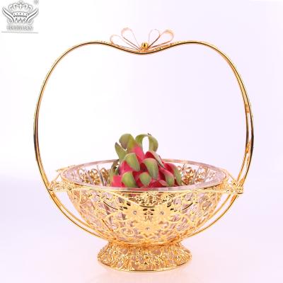 China Gold Muslim Metal Craft Arabic Decorative Candy Bowl Fruit Basket With Handle for sale