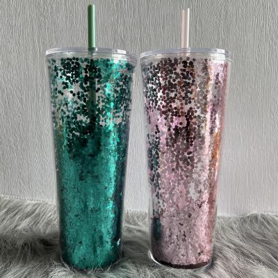 China Sustainable Wholesale Glossy Drinking Plastic AS Double Wall 24 oz Dazzle Tumblers with Straw and Lid for sale