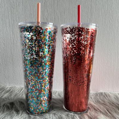 China Sustainable Wholesale Glossy Drinking Plastic AS Double Wall 24 oz Dazzle Tumblers with Straw and Lid for sale