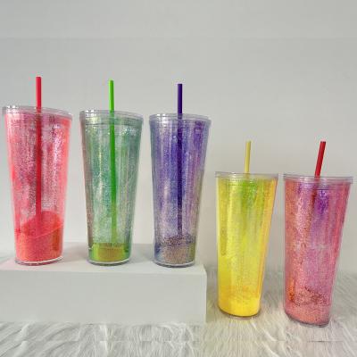 China Sustainable Wholesale Glossy Drinking Plastic AS Double Wall 24 oz Dazzle Tumblers with Straw and Lid for sale