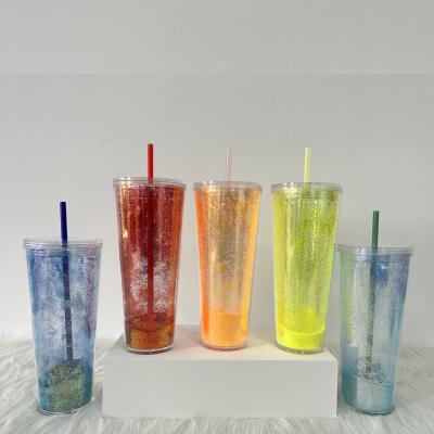 China Sustainable Wholesale Glossy Drinking Plastic AS Double Wall 24 oz Dazzle Tumblers with Straw and Lid for sale