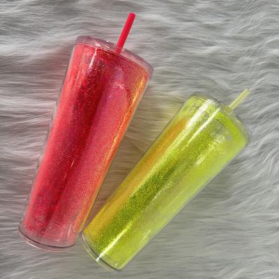 China Sustainable Wholesale Glossy Drinking Plastic AS Double Wall 24 oz Dazzle Tumblers with Straw and Lid for sale