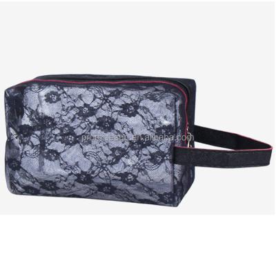 China Clear classification black lace square makeup bag with hollowed-out net for carrying bags PVC makeup bag for sale