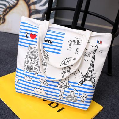 China New Tide Design Paris Blue Stripe Life Canvas Bag Shoulder Handbag Simple Portable Korean Student Bag Funny Shopping Bags Eco-friendly Packing for sale