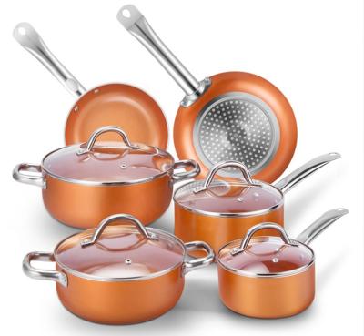 China 10pcs Stainless Steel Handle Stick Non Stocked Copper Carbon Steel Cookware Sets for sale