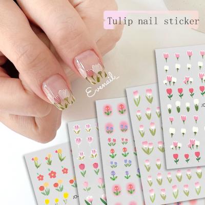 China Convenient Popular Tulip Flower 3D Nail Art Sticker Spring Elegant Pink Nail Decals DIY Back Glue Decoration Nail Art Stickers for sale