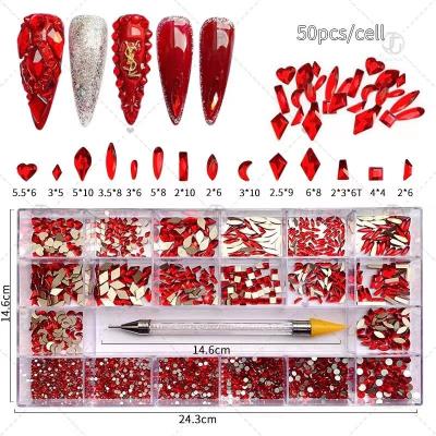 China Shining Crystal AB White Rainbow Nail Art Mix Shape Fancy Shaped In Box Flat Bottom Glass Nail Rhinestone Art Decoration Rhinestones for sale