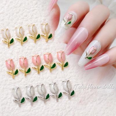 China Cute Alloy Tulip Kawaii Accessories Metal Texture Light Luxury Wind Drop Oil Rose Flower Nails Accessories Art for sale