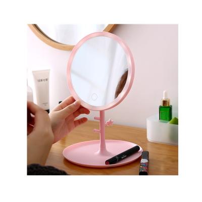 China Lighted Led Lights Vanity Smart Travel Mirror With Touch Screen Switch Standing Round Makeup Mirror With Storage Tray for sale