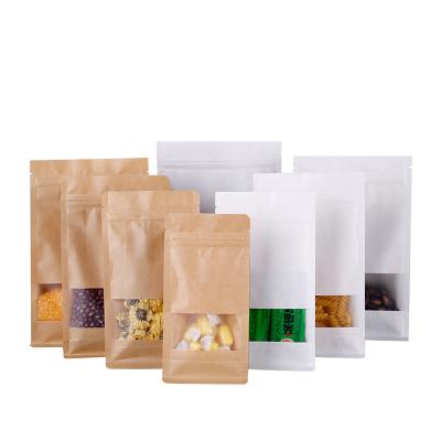 China Biodegradable Custom Logo Labels Waterproof Clear Window Pouches Ziplock Bags Brown Kraft Paper Food Packaging for sale