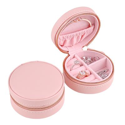 China Fashion custom logo round case portable faux velvet jewelry travel case organizer faux leather petty cash ring earing box for sale