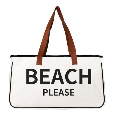 China Portable Weekend, Beach Please Canvas Beach Bag, Beach Tote, Carry Bag With PU Handle Summer Large Shopping Bag Customized Logo for sale