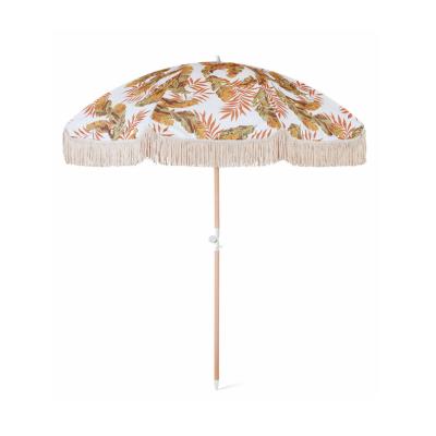 China Modern Premium White Round Wood Fringe Sun Umbrella Wooden Beach Tassel Parasol With Wave for sale