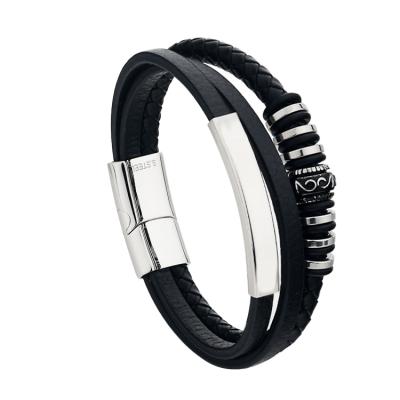 China FASHIONABLE European Men Fashion Black Blue Leather Braided Bracelet Magnetic Stainless Steel Clasp Charm Bracelets BraceletHot Selling Products for sale