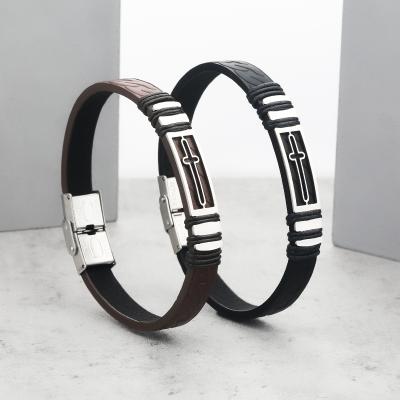 China FASHIONABLE European and American stainless steel bracelets for men can be engraved and logo printed men's leather bracelet for sale