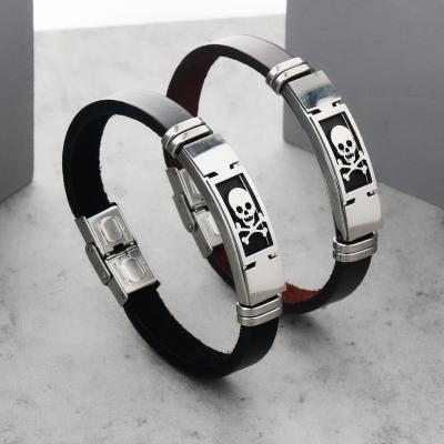 China FASHIONABLE Vintage European and American Mens Leather Bracelet With Lettering Couple Stainless Steel Mens Leather Chain for sale