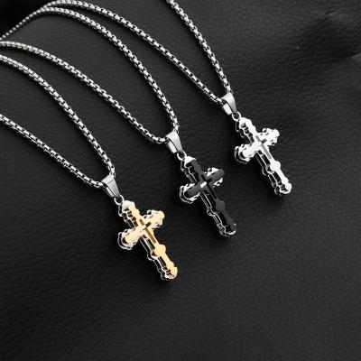 China European and American stainless steel men's hip-hop necklace punk cross pendant, three-dimensional three-layer men's necklace for sale