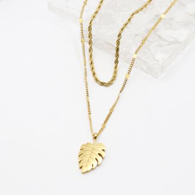 China FASHIONABLE Wholesale Stainless Steel Necklace Jewelry Ladies Double Chain Necklace 18K Gold Leaf Chain Necklace for sale